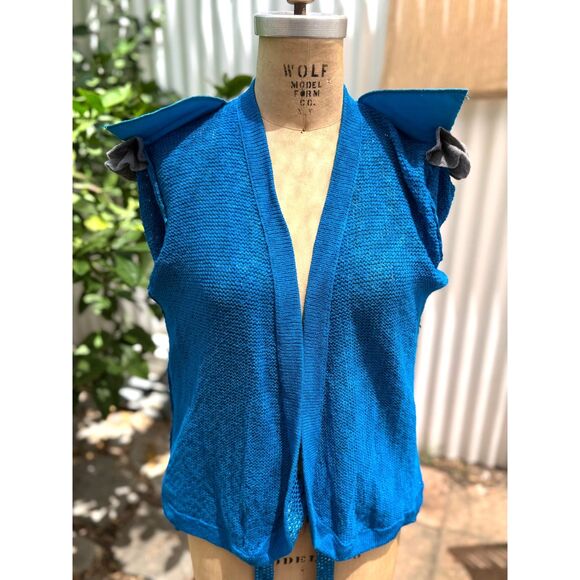 VTG 1980s St. John Sky Blu Round Metallic Paillettes Belted LS Wrap Sweater SZ M - Picture 8 of 13